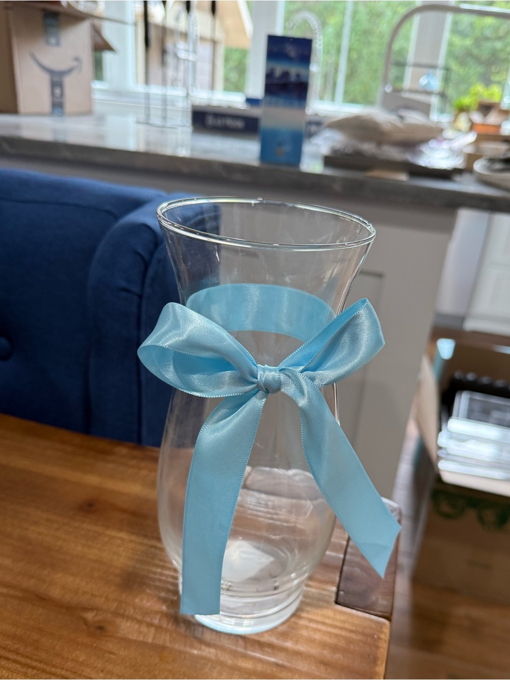 Clear Glass Vase with Light Blue Ribbon - Home Accents